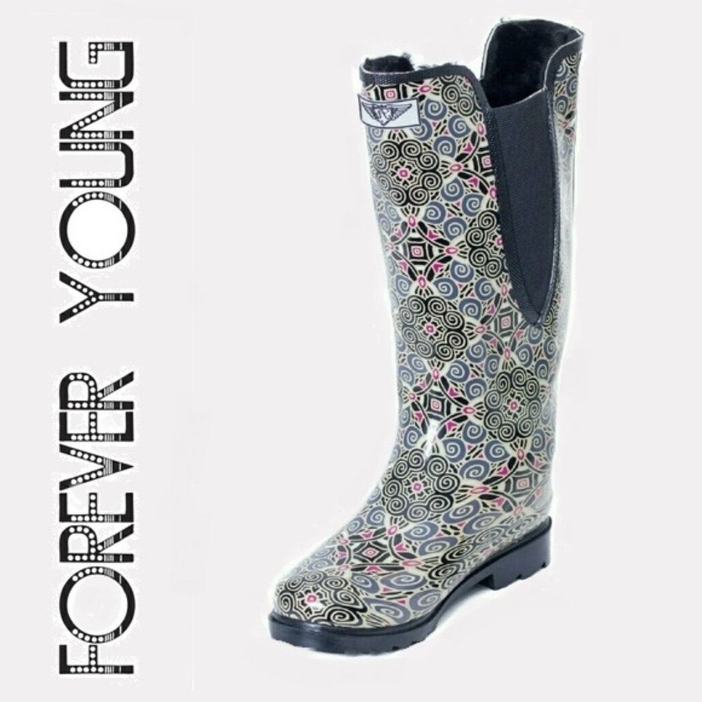 Women's Rain Boots, Tall Faux Fur Lined Rainboots, RB-1531 Kaleidoscope